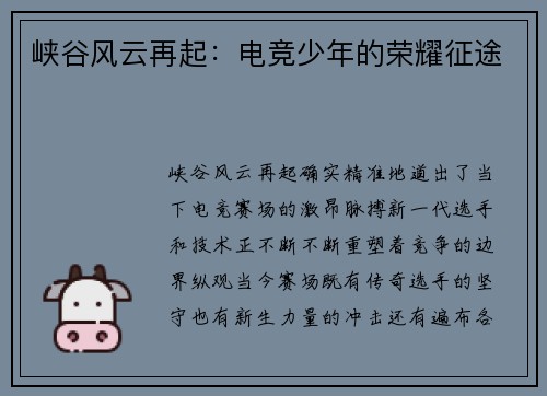 峡谷风云再起：电竞少年的荣耀征途